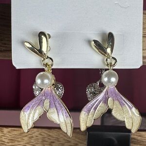 Gold and Purple Winged Earrings with Pearl Accents